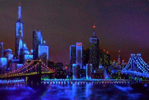 Toile 195x130cm Peinture acrylique et fluo offrant une vue de jour et une vue de nuit