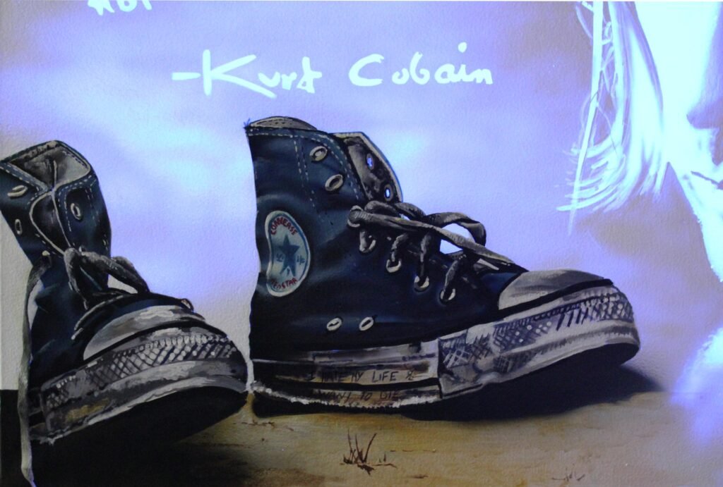 Kurt Cobain Toile 92x73cm Peinture sur toile, acrylique fluo et peinture invisible offrant une vue de jour et une vue de nuit