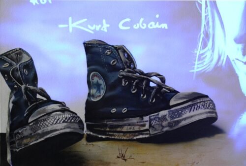 Kurt Cobain Toile 92x73cm Peinture sur toile, acrylique fluo et peinture invisible offrant une vue de jour et une vue de nuit