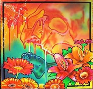 Skull Flowers - Toile 100x100cm - Peinture sur toile, acrylique fluo et peinture invisible offrant une vue de jour et une vue de nuit