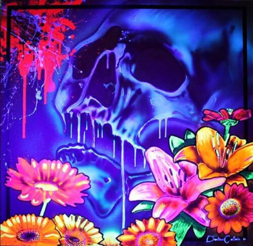 Skull Flowers - Toile 100x100cm - Peinture sur toile, acrylique fluo et peinture invisible offrant une vue de jour et une vue de nuit