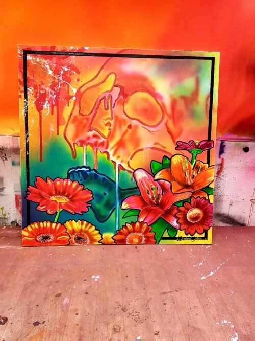 Skull Flowers - Toile 100x100cm - Peinture sur toile, acrylique fluo et peinture invisible offrant une vue de jour et une vue de nuit