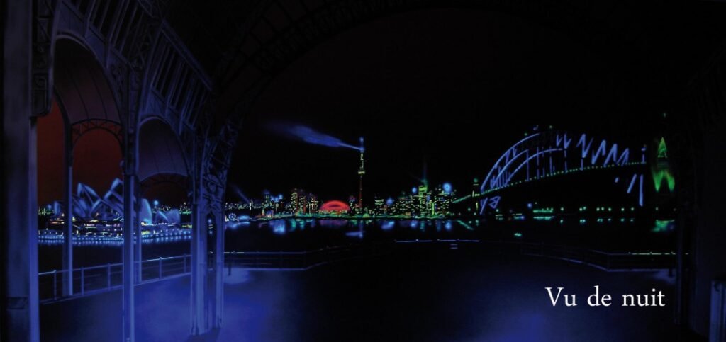 AUSTRALIE - Fresque intérieur 6×2.5m.Peinture fluo offrant une vue de jour et une de nuit. Structure Métallique Gustave EIFFEL : Fresque intérieur 6×2.5m. Peinture fluo offrant une vue de jour et une de nuit. Structure Métallique Gustave EIFFEL.