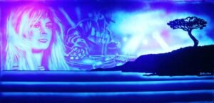 LE BARDO - Peinture sur toile 2.50×1.30m pour un restaurant bar de Sanary sur mer. - Peinture fluo et invisible.