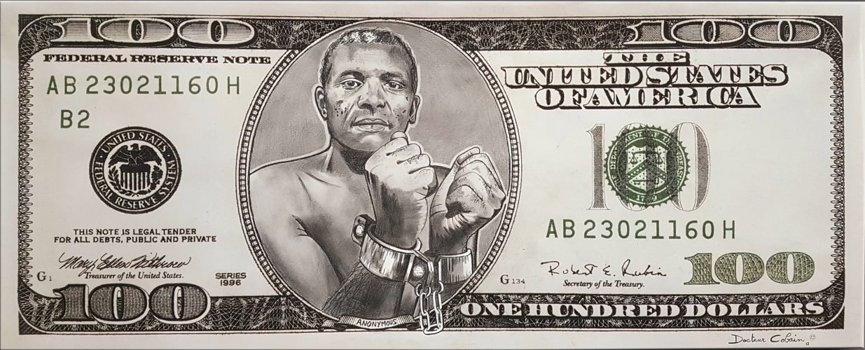 BILLET DE 100 DOLLARS - Dessin au crayon sur papier - Taille 96×40 cm.