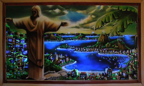 BRESIL - Toile 200x130cm - Peinture acrylique et fluo offrant une vue de jour et une vue de nuit.