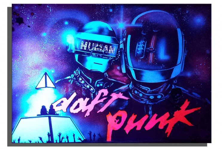 DAFT PUNK - Toile 92x73cm - Peinture sur toile, acrylique fluo et peinture invisible offrant une vue de jour et une vue de nuit.