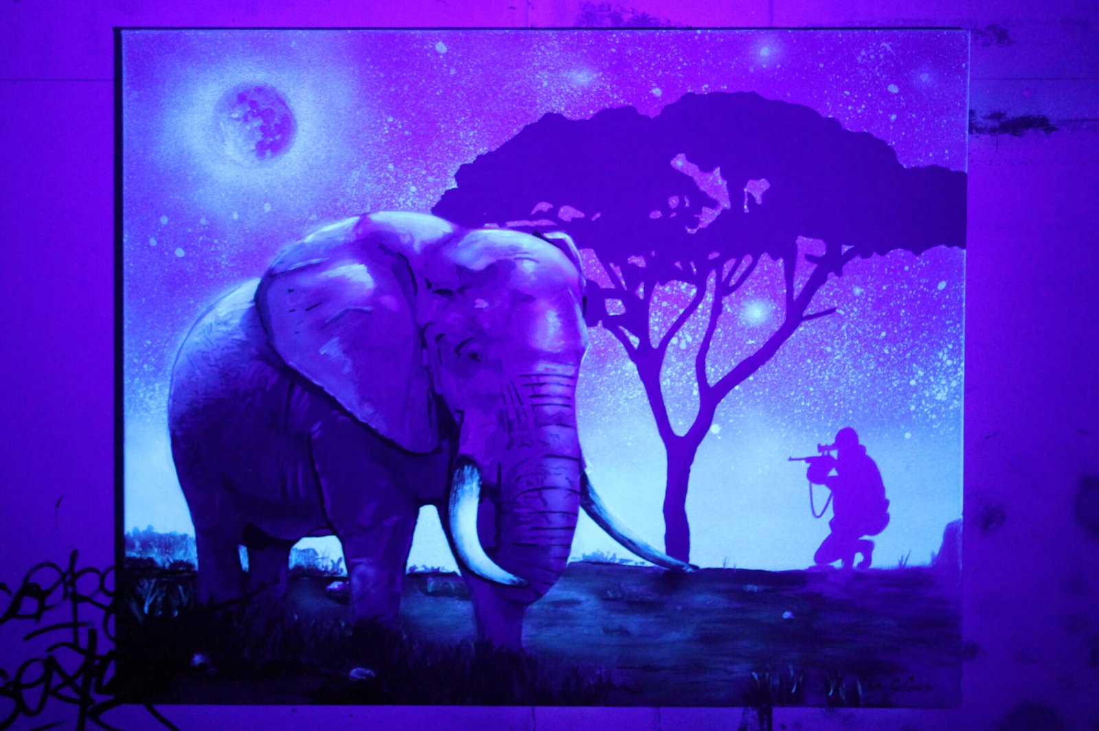 ELEPHANT ROSE - Toile 65x81cm - Peinture sur toile, acrylique fluo et peinture invisible offrant une vue de jour et une vue de nuit.