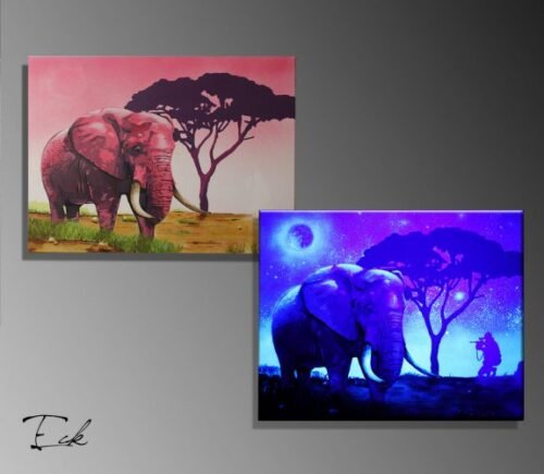 ELEPHANT ROSE - Toile 65x81cm - Peinture sur toile, acrylique fluo et peinture invisible offrant une vue de jour et une vue de nuit.