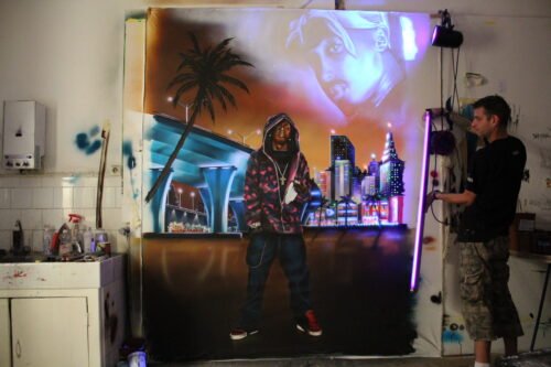 LIL WAYNE/TUPAC - Peinture sur toile 2.50×1.50m pour un bar de Marseille Peinture fluo et invisible.