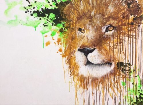 LION - Toile 100x120cm - Peinture sur toile, acrylique fluo et peinture invisible offrant une vue de jour et une vue de nuit
