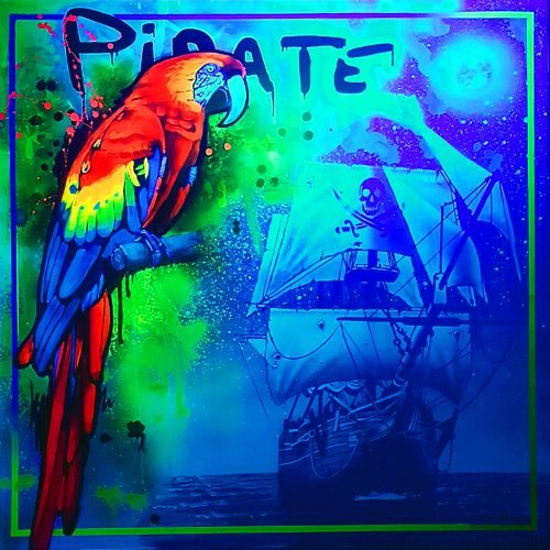 PIRATE - Toile 100x100cm - Peinture sur toile, acrylique fluo et peinture invisible offrant une vue de jour et une vue de nuit.