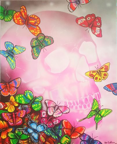 SKULL - Toile 81x65cm - Peinture sur toile, acrylique fluo et peinture invisible offrant une vue de jour et une vue de nuit.